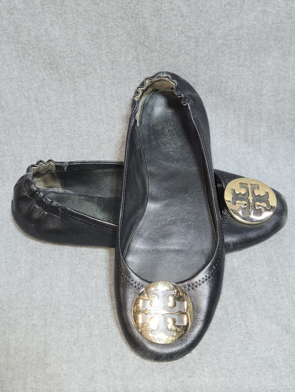 ​Tory Burch Reva Ballet Flats Black Leather With Gold Medallion Logo